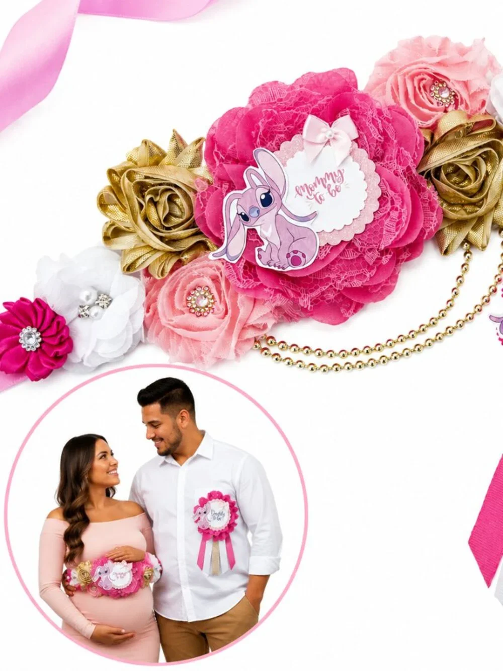 Stitch & Angel Inspired Mommy-to-Be Sash + Daddy-to-Be Pin Set